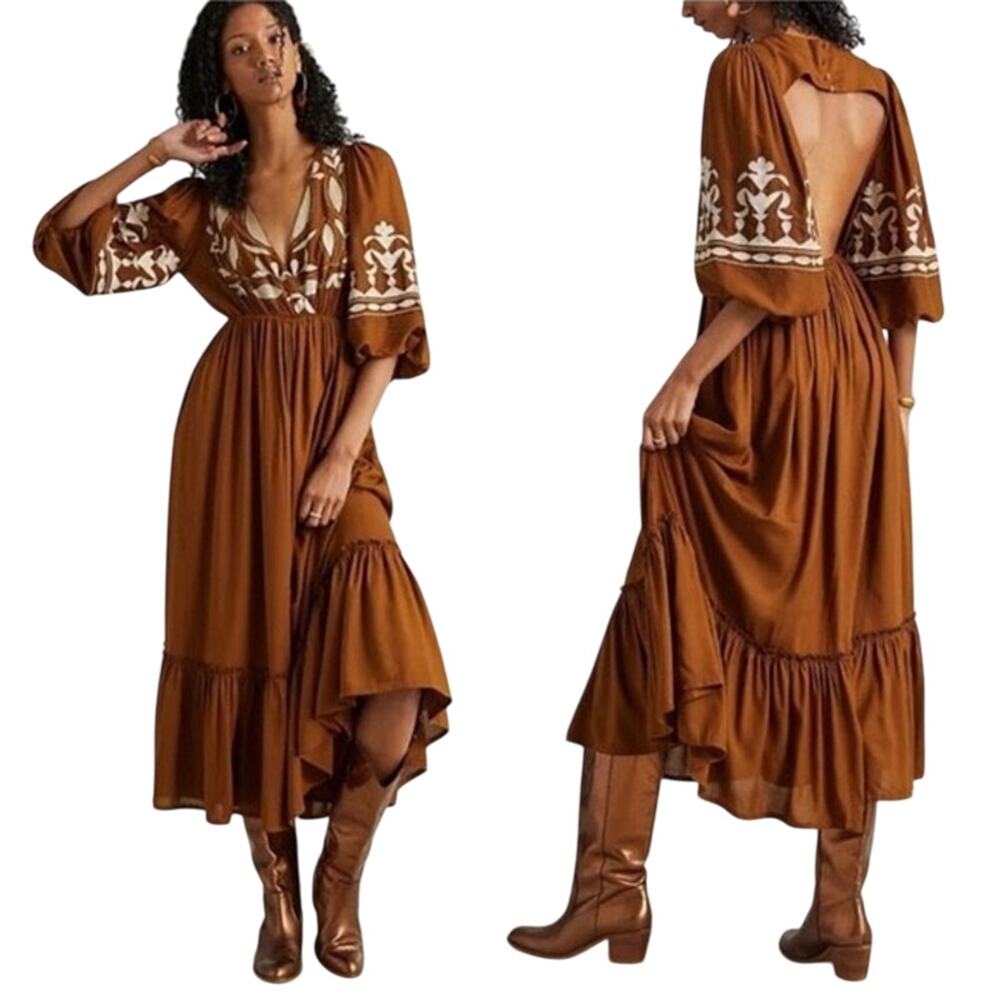 LETMEBE Brown Embroidered Dress, Multiple Sizes New with Tag MSRP $199